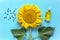 Bottle of natural sunflower oil, seeds and fresh yellow sunflower on blue background. Creative concept organic vegetable oil