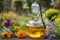 A bottle of oil with fresh borage, calendula, clary sage and other herbs