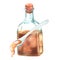 A bottle of oil with a spoon. Watercolor vintage illustration. Isolated on a white background.