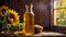 Bottle oil sunflower flower cooking wooden food seeds natural product glass organic