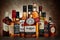 Bottle of Old Smuggler blended scotch whisky on background of other popular brands of whiskey whisky