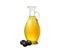 Bottle of olive oil with black olives on white background