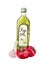 A bottle of olive oil with red tomatoes and garlic. Watercolor composition of seasonings and vegetables isolated on a white backgr