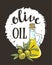 Bottle with olive oil. Vector isolated objects. Hand drawn poster.