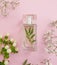 Bottle perfume aroma flower composition trendy fragrant vogue elegance scented colored background springtime