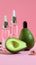 Bottle of perfume. Avocado oil cosmetic pipette with drops of oil.