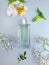 Bottle perfume  elegantspringtime  scented  aroma  fragrance     flower bloom on a colored background