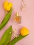 Bottle perfume flower tulip elegant  styling   on colored background aroma