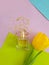 Bottle perfume flower tulip  flat    aromatherapy container elegance    styling   on colored background aroma