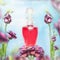 Bottle of perfume and flowers at sky background . Floral nature cosmetic and beauty