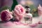 Bottle of perfume fresh rose blossom delicate pastel colored tones. Neural network generated art