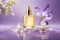 Bottle of perfume on a purple background with orchids and water
