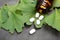 Bottle of pills and fresh ginkgo biloba leaves on grey background. Traditional, herbal medicine and Homeopathy concept