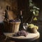 Bottle of red wine with bunches of grapes and awine glass on vintage wooden table. Winery interior with a basket of red and white