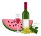 Bottle of red wine, wine in glass, watermelon and grape.
