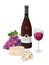 Bottle of red wine and wineglass with cheese and grape. Grape product, vector illustration isolated on white background.