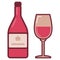 Bottle with rose wine and filled glass. Flat style illustration of pink bottle