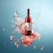 Bottle of rose wine floating in liquid splash. Wine bottle mockup with blank white label, commercial rose wine label