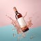 Bottle of rose wine floating in liquid splash. Wine bottle mockup with blank white label, commercial rose wine label