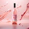 Bottle of rose wine floating in liquid splash. Wine bottle mockup with blank white label, commercial rose wine label