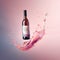 Bottle of rose wine floating in liquid splash. Wine bottle mockup with blank white label, commercial rose wine label
