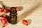 Bottle of rosehip oil on rustic background with copy space for text, wellness and healthcare concept