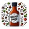bottle of Secret Sauce graphic with ingredient floating around