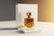 Bottle of sensual luxury golden perfume on white podium, minimalistic style perfume fragrance template. Cosmetics and beauty