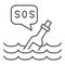 Bottle with sos message thin line icon, ocean concept, Bottle on wave sign on white background, Bottle floating on waves