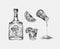 Bottle of tequila, salt and shot with lime and label for retro poster or banner. Mexican drink. Engraved hand drawn