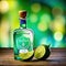 A bottle of tequila with a slice of lime on a wooden with a blurred background of a Mexican
