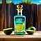 A bottle of tequila with a slice of lime on a wooden with a blurred background of a Mexican