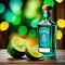 A bottle of tequila with a slice of lime on a wooden with a blurred background of a Mexican