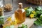 A bottle of tetterwort or greater celandine tincture on a table