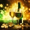 Bottle and two champagne glasses, golden four-leaf clover and bokeh effect in the background. New Year\\\'s fun and festiv