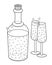 Bottle and two glasses - vector linear picture for coloring. A corked bottle and two glasses filled with a drink with bubbles - ch