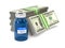 Bottle vaccine and money on white background. Isolated 3D illustration