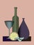 Bottle, vase, glass of wine and lemon on a beige background