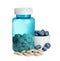 Bottle with vitamin pills and blueberries on white background