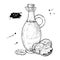 Bottle of walnut oil. Vector Hand drawn illustration. Glass pitcher vintage