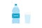 Bottle of water and glass of water isolated blue plastic. Mineral water with shadows on white background