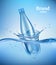 Bottle in water. Liquid flowing wave with transparent bottle splashes drops underwater environment aqua vector realistic