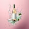 Bottle of white wine floating in liquid splash. Wine bottle mockup with blank white label, commercial wine label