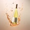 Bottle of white wine floating in liquid splash. Wine bottle mockup with blank white label, commercial wine label