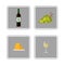Bottle of white wine, wine glass, grapes and cheese, icons