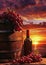 Bottle of white wine beside wooden barrel, grapes against vineyard sunset