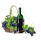 A bottle of wine and a basket of grapes