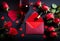 Bottle of wine, envelope, hearts and roses on dark background. Valentine\\\'s Day celebration