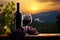 Bottle of wine, glass and bunch grape on table with evening view of vineyard and sunset sky. Generative AI