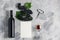 Bottle of wine glass grape corkscrew empty card mockup